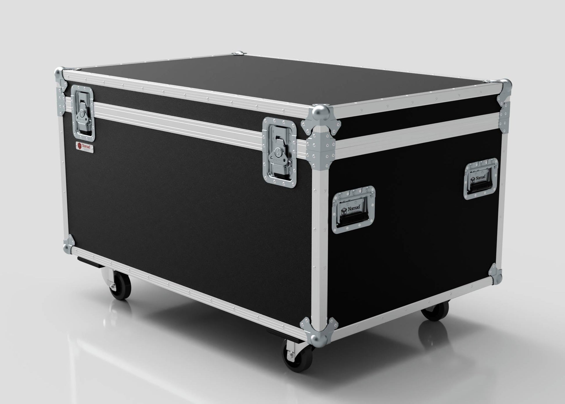 The 1200mm Jumbo Trunk Case, a large black equipment case with silver metal reinforcements, handles, and caster wheels (external dimensions 1225 x 807 x 765 mm), sits against a plain light background.