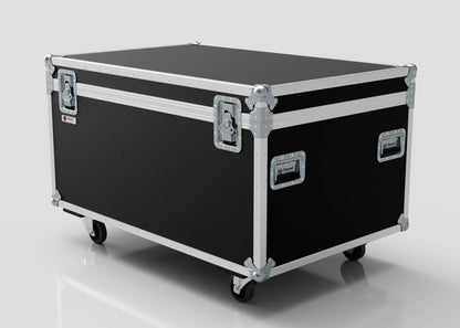 The 1200mm Jumbo Trunk Case, a large black equipment case with silver metal reinforcements, handles, and caster wheels (external dimensions 1225 x 807 x 765 mm), sits against a plain light background.