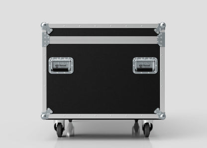 The 1200mm Jumbo Trunk Case, a black and silver rolling equipment case with metal edges and two handles, is shown against a plain light background. It has external dimensions of 1225 x 807 x 765 mm.