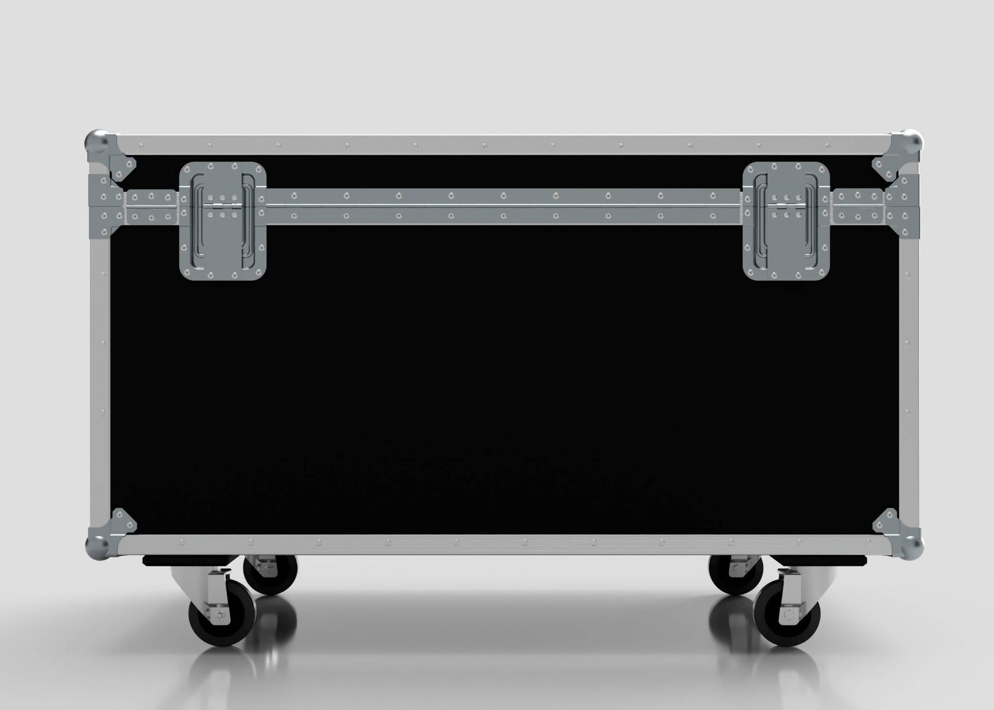The 1200mm Jumbo Trunk Case, a large black equipment case with metal reinforcements, latches, and four caster wheels, measuring 1225 x 807 x 765 mm, stands against a plain background.