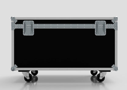 The 1200mm Jumbo Trunk Case, a large black equipment case with metal reinforcements, latches, and four caster wheels, measuring 1225 x 807 x 765 mm, stands against a plain background.