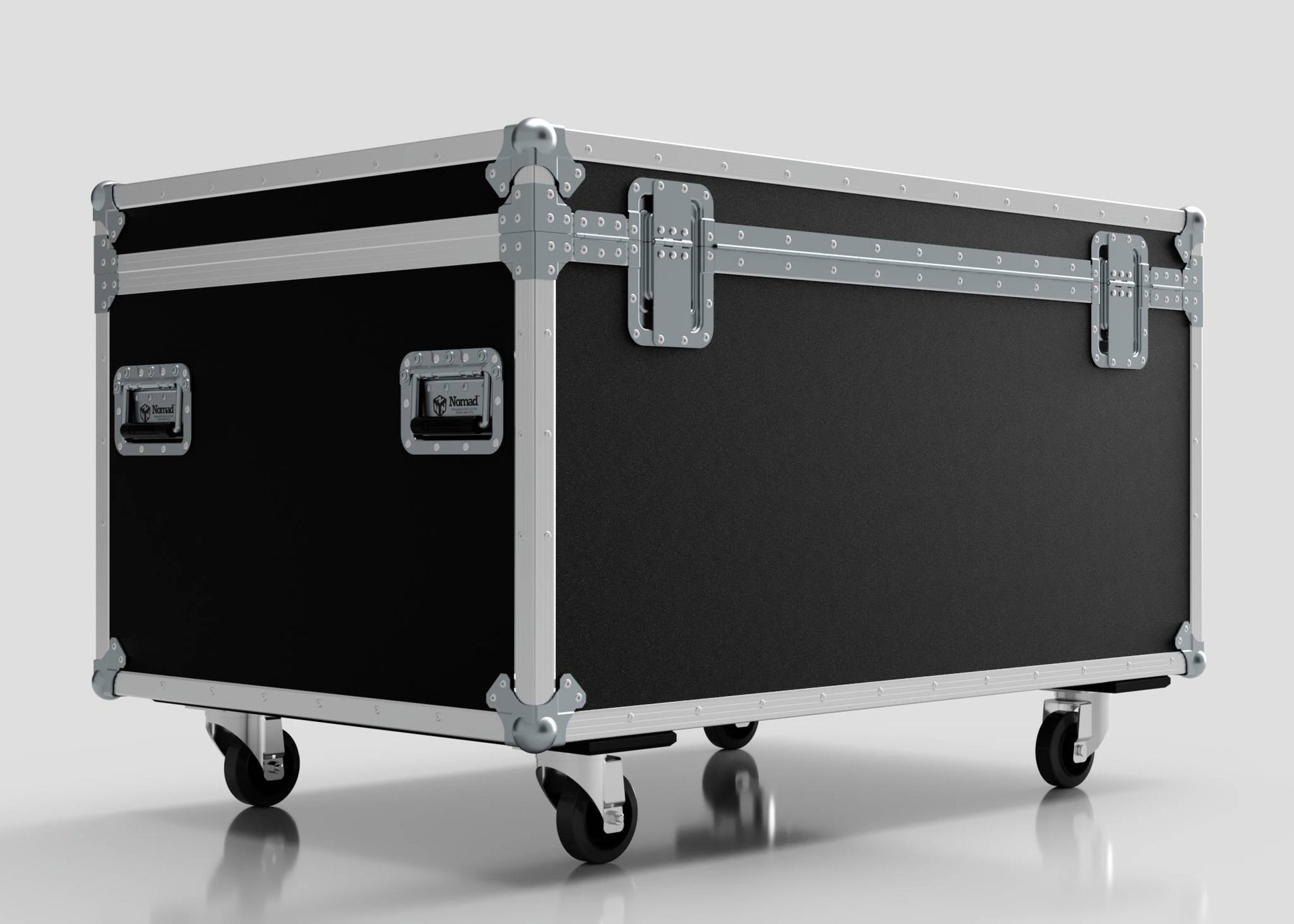 The 1200mm Jumbo Trunk Case is a large black and silver rolling equipment case with metal corners, side handles, and latches. It measures 1225 x 807 x 765 mm and is shown against a plain light background.
