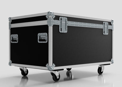 The 1200mm Jumbo Trunk Case is a large black and silver rolling equipment case with metal corners, side handles, and latches. It measures 1225 x 807 x 765 mm and is shown against a plain light background.
