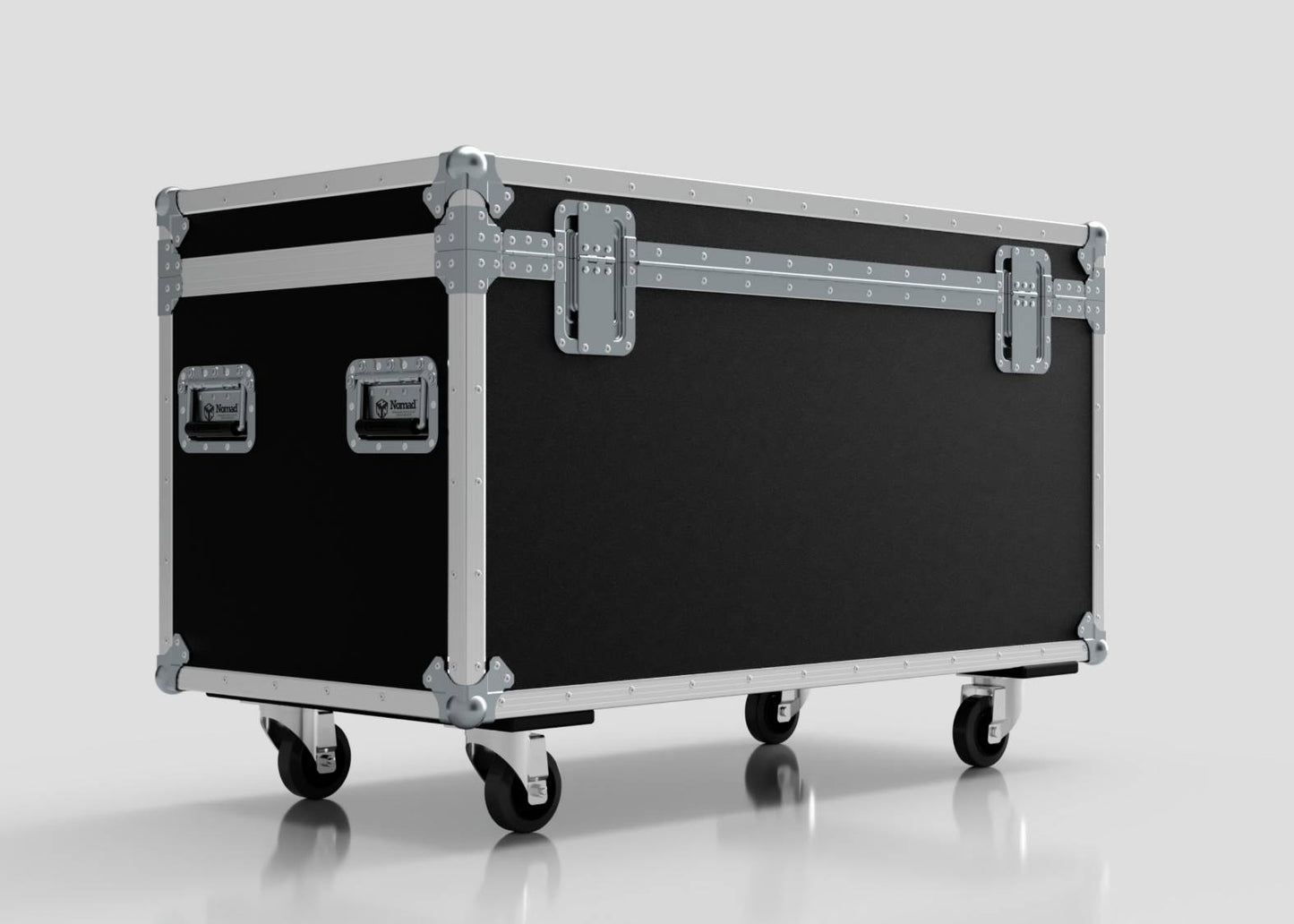 The 1200mm Trunk Case is a large black and silver flight case with metal reinforcements and handles, mounted on four caster wheels, measuring 1225 x 607 x 765 mm, shown against a plain background.