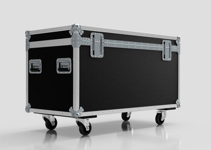The 1200mm Trunk Case is a large black and silver flight case with metal reinforcements and handles, mounted on four caster wheels, measuring 1225 x 607 x 765 mm, shown against a plain background.