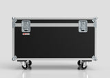 The 1200mm Trunk Case is a large, black storage unit with metal edges, corner reinforcements, two latches, and four caster wheels. External dimensions: 1225 x 607 x 765 mm. Shown against a plain background.