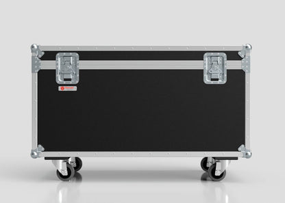 The 1200mm Trunk Case is a large, black storage unit with metal edges, corner reinforcements, two latches, and four caster wheels. External dimensions: 1225 x 607 x 765 mm. Shown against a plain background.