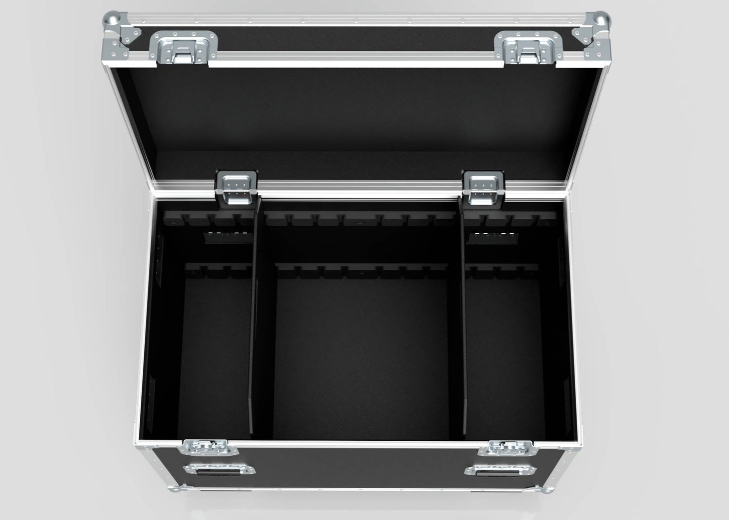 The 1200mm Trunk Case is a black storage case with metal edges and three interior compartments, shown open and empty from above; external dimensions are 1225 x 607 x 765 mm.