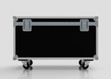 The 1200mm Trunk Case is a large black equipment case with metal edges, latches, and four caster wheels, shown on a reflective surface. Its external dimensions are 1225 x 607 x 765 mm.