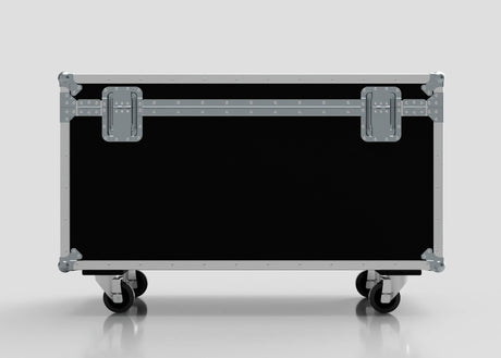 The 1200mm Trunk Case is a large black equipment case with metal edges, latches, and four caster wheels, shown on a reflective surface. Its external dimensions are 1225 x 607 x 765 mm.