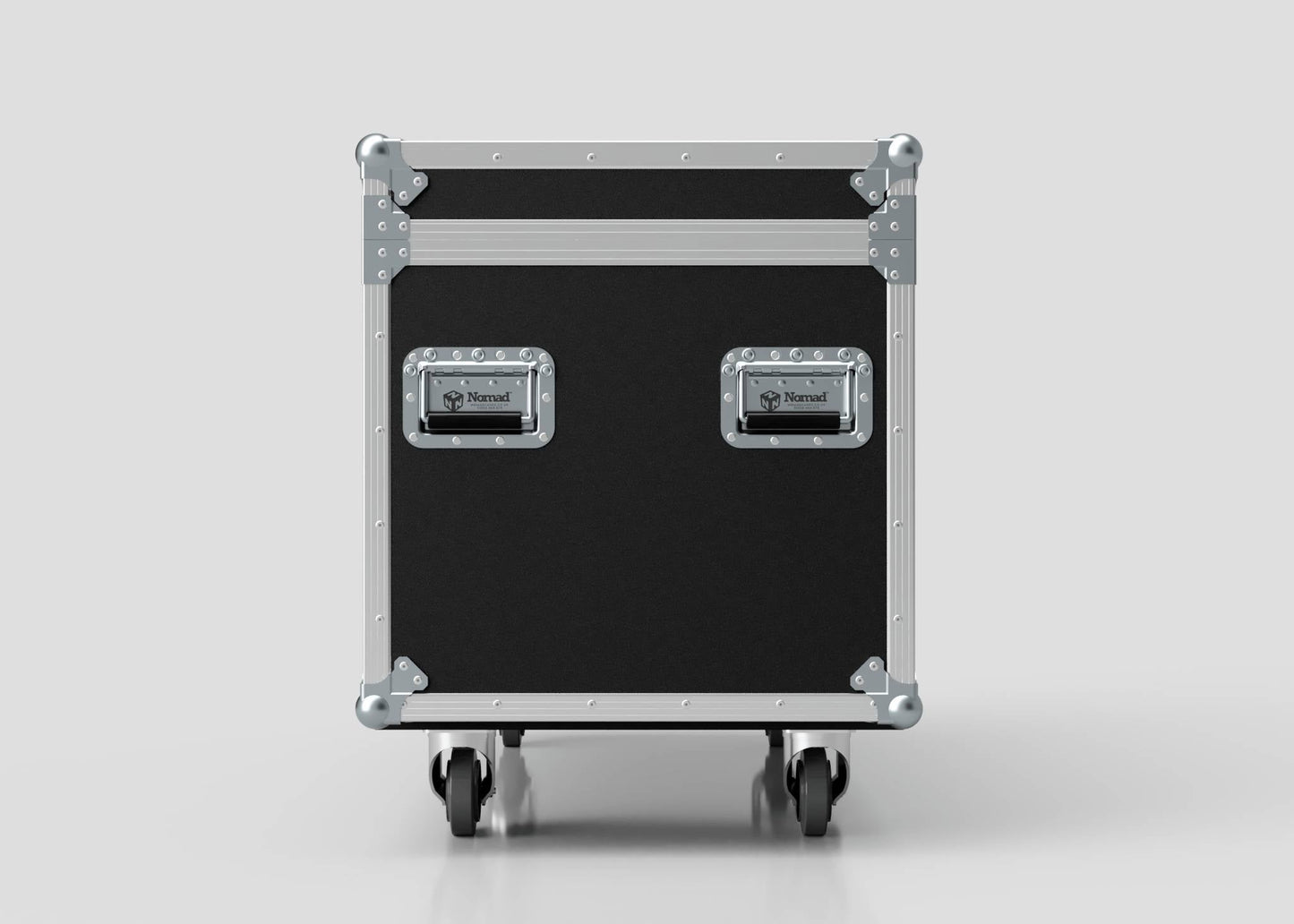 The 1200mm Trunk Case, a black and silver equipment flight case with metal edges, handles, and four caster wheels, is displayed against a plain white background. Its external dimensions are 1225 x 607 x 765 mm.
