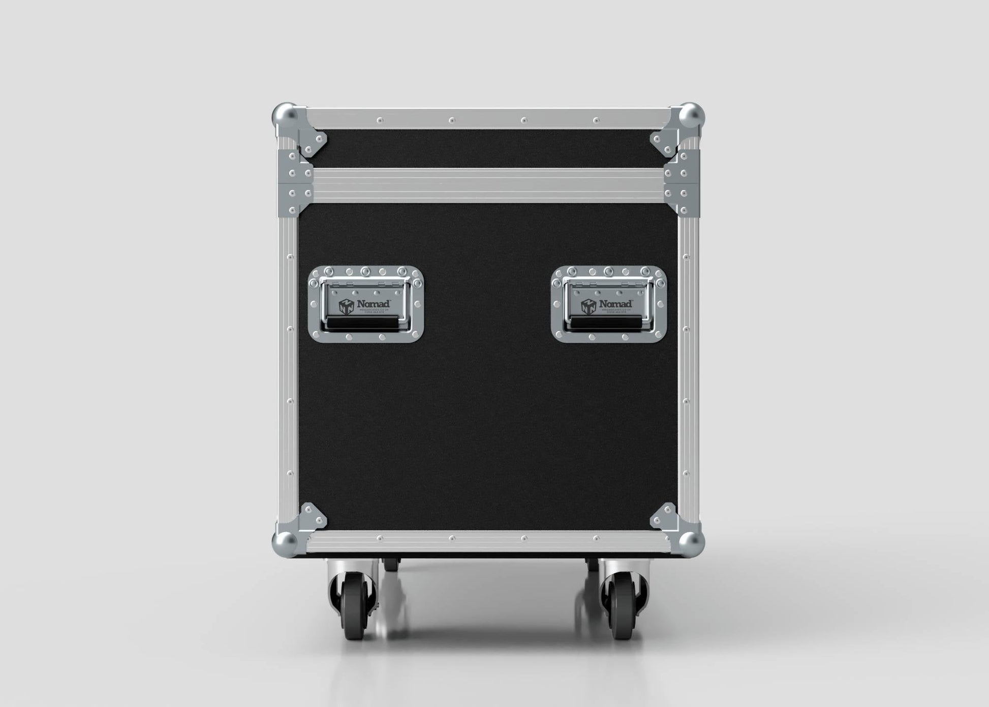 The 1200mm Trunk Case, a black and silver equipment flight case with metal edges, handles, and four caster wheels, is displayed against a plain white background. Its external dimensions are 1225 x 607 x 765 mm.
