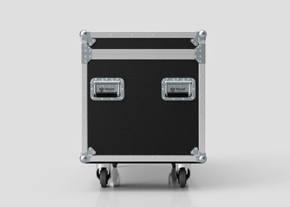 The 1200mm Trunk Case, a black and silver equipment flight case with metal edges, handles, and four caster wheels, is displayed against a plain white background. Its external dimensions are 1225 x 607 x 765 mm.