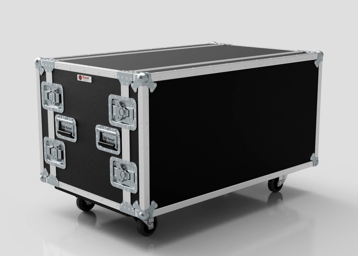 The 12U Double Bay Rack Case, featuring a black and silver design with wheels, metal reinforcements, latches, and handles, is displayed against a plain light background. Its external dimensions are 761 x 1197 x 739 mm.