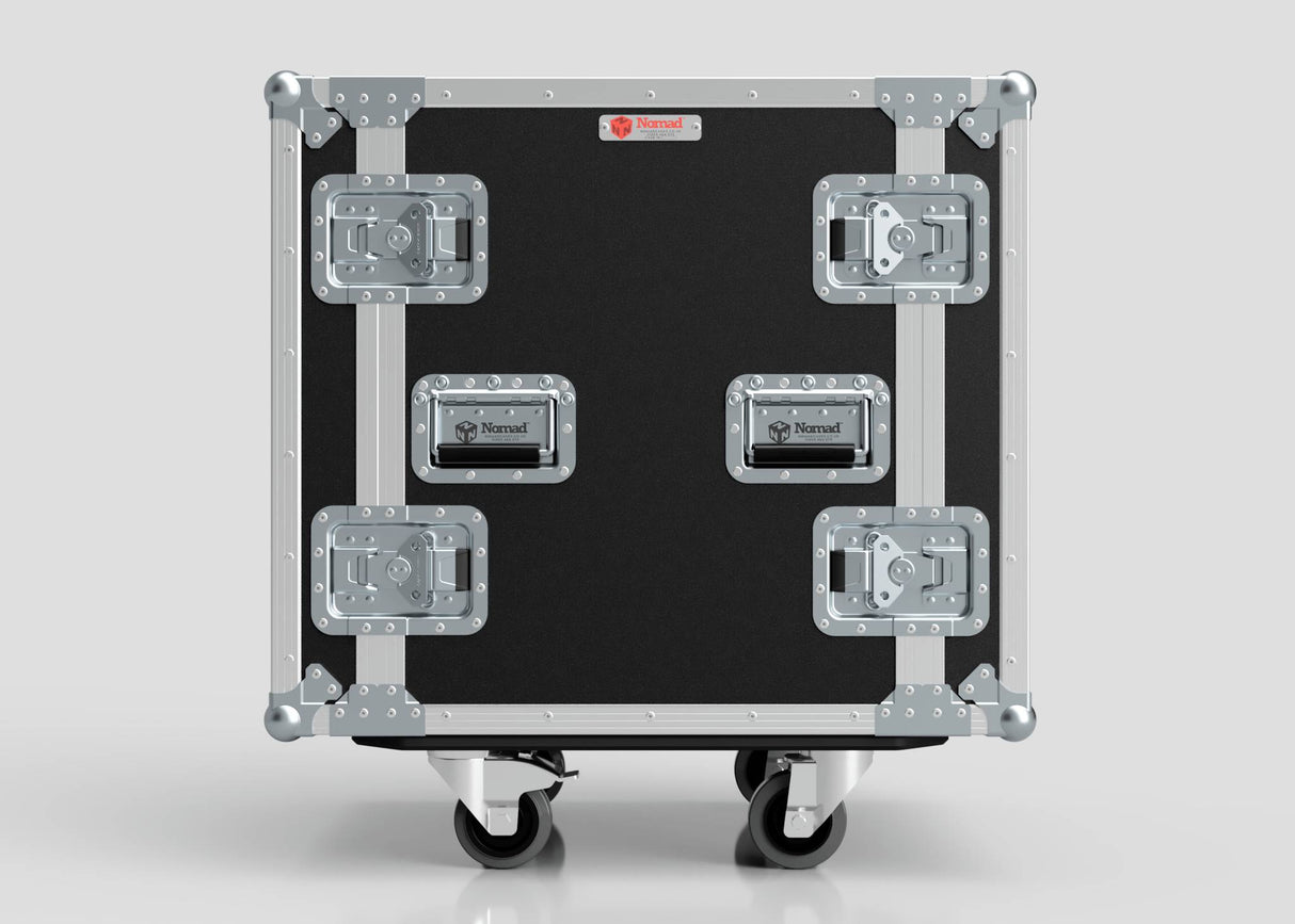 The 12U Foam Shock Mounted 19" Rack Case, in black and silver with reinforced metal corners, four latches, handles, wheels, and sturdy rack strips, stands upright on a light gray background.