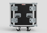 The 12U Foam Shock Mounted 19" Rack Case, in black and silver with reinforced metal corners, four latches, handles, wheels, and sturdy rack strips, stands upright on a light gray background.
