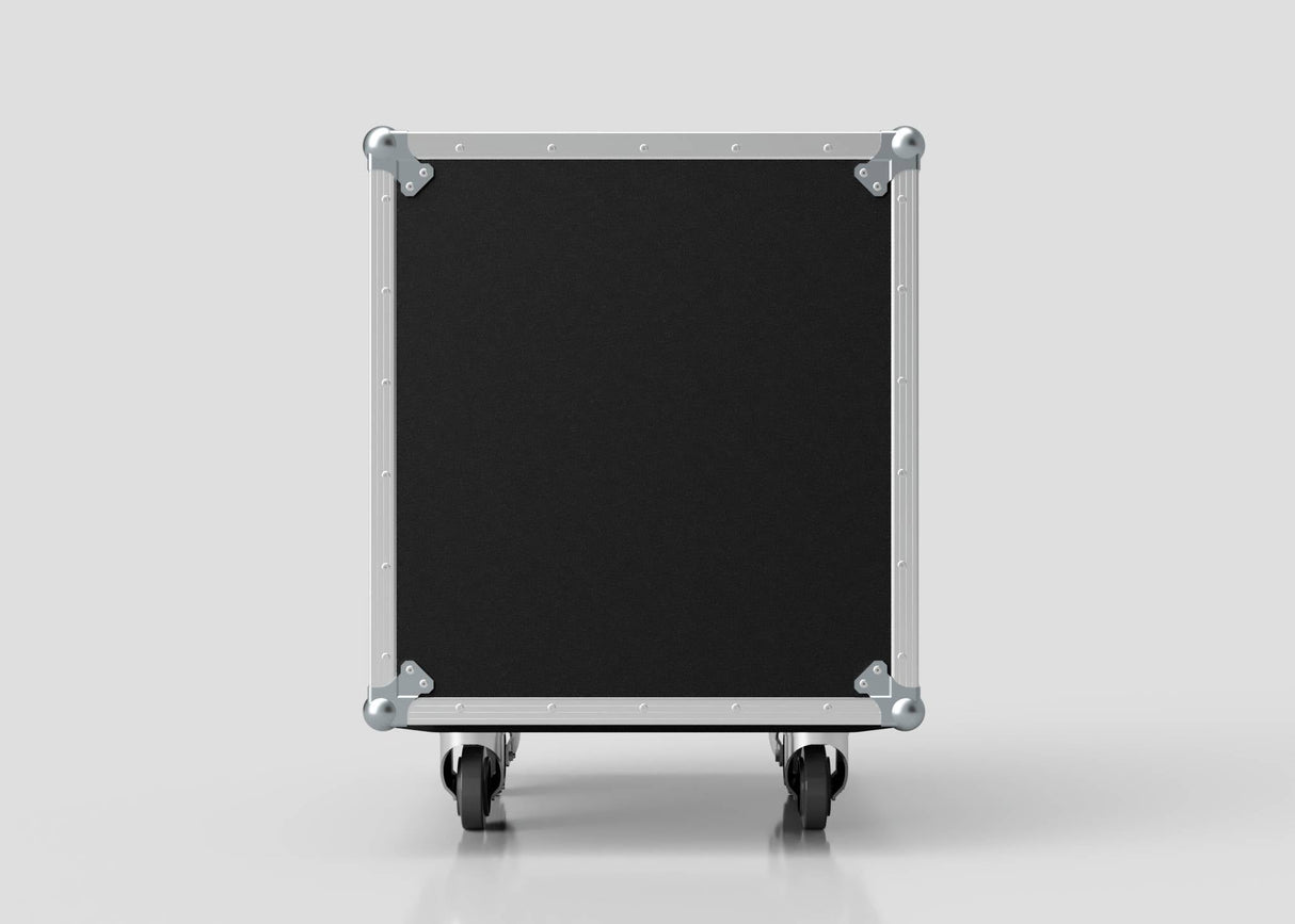 The 12U Foam Shock Mounted 19" Rack Case is a black rectangular case with metal edges, rack strips, and sits upright on four wheels, shown against a plain light background.