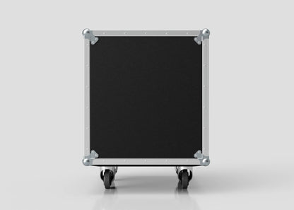 The 12U Foam Shock Mounted 19" Rack Case is a black rectangular case with metal edges, rack strips, and sits upright on four wheels, shown against a plain light background.