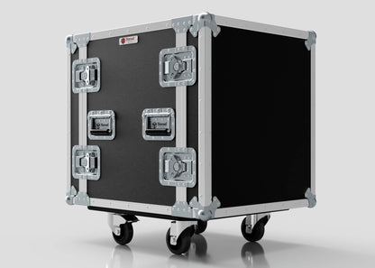The 12U Foam Shock Mounted 19" Rack Case features reinforced metal edges, European birch plywood construction, and caster wheels, providing secure transport and protection for your equipment.