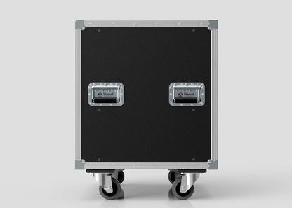 A 12U Slam Rack Case in black, featuring a rectangular design with two metal handles and four caster wheels, set against a plain light gray background.