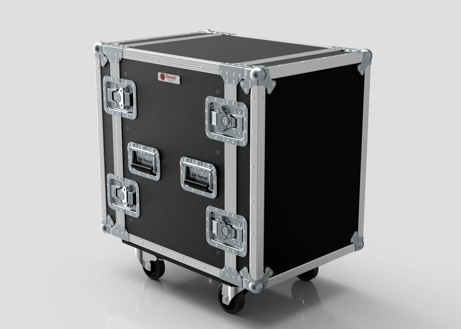 The 12U Standard Rack Case, featuring black and silver metal reinforcements and handles, is shown on four caster wheels against a plain background.