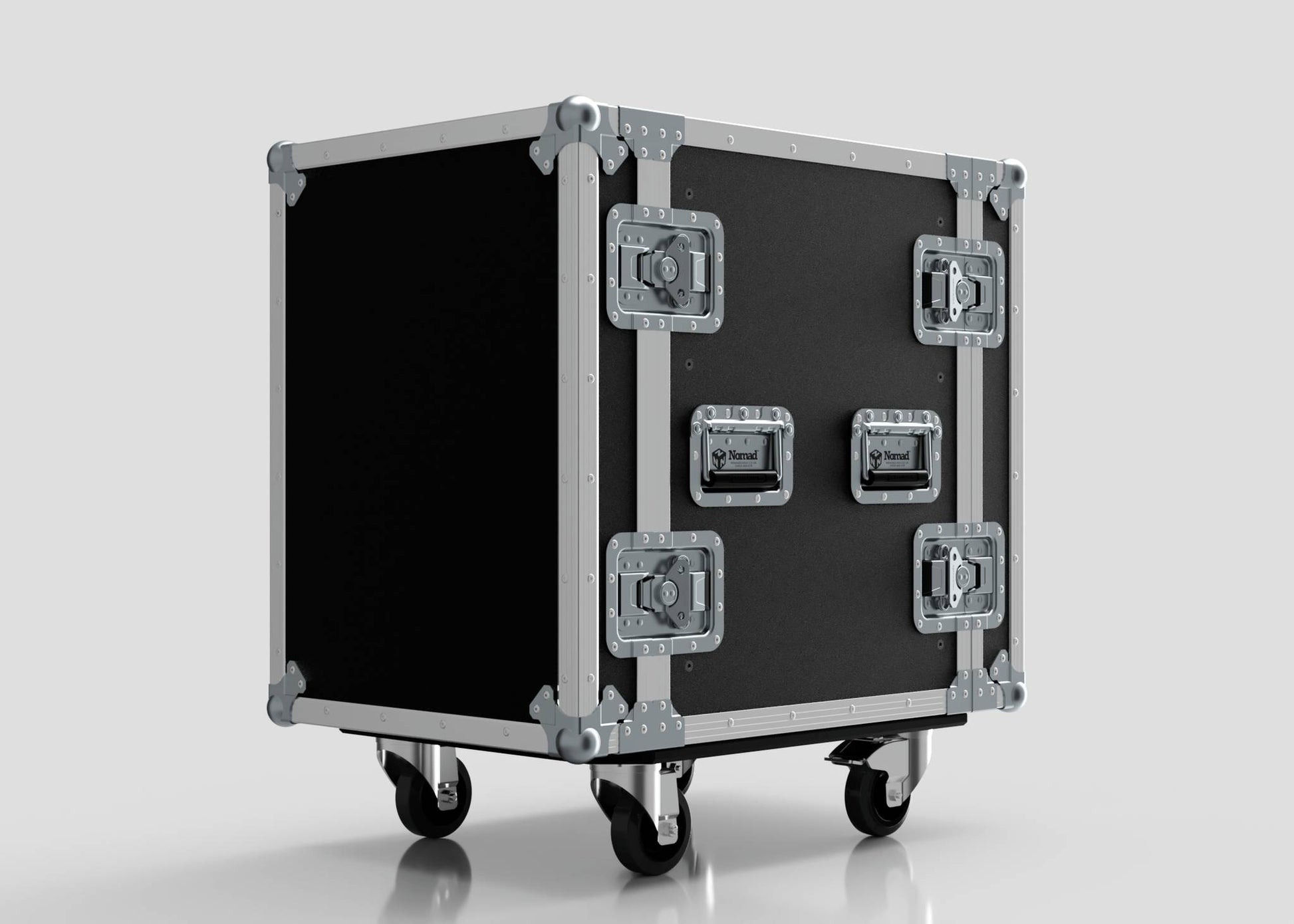 The 12U Standard Rack Case features black and silver metal reinforcements, sturdy handles, and heavy-duty caster wheels, all displayed against a plain light background.