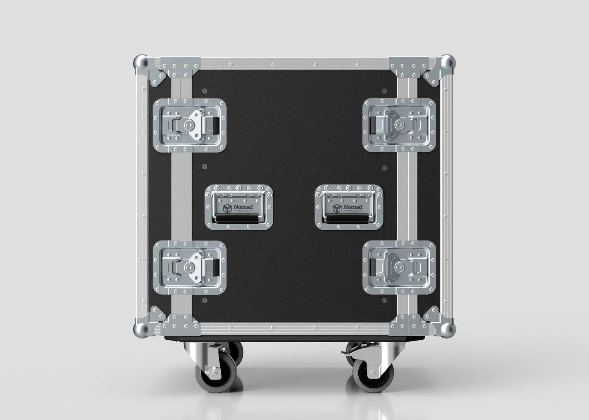 The 12U Standard Rack Case, featuring metal hardware and handles, is displayed on four caster wheels against a light gray background.