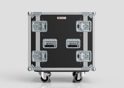 The 12U Standard Rack Case features a black and silver finish, metal reinforcements, handles, heavy-duty latches, and stands on four caster wheels against a plain background.