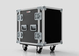 The 12U Standard Rack Case, made of black birch plywood with metal reinforcements, handles, and four caster wheels, offers sturdy equipment storage and is shown on a plain light background.