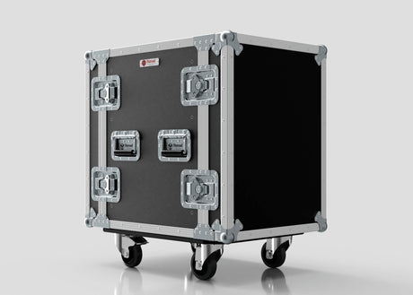 The 12U Standard Rack Case, made of black birch plywood with metal reinforcements, handles, and four caster wheels, offers sturdy equipment storage and is shown on a plain light background.