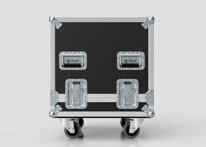 The 12U Standard Rack Sleeve With Case With Lift Off Lid is a black and silver rolling flight case with metal reinforced corners and four latches, designed for equipment transport.