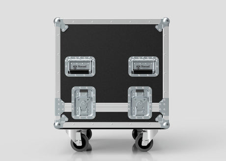 The 12U Standard Rack Sleeve With Case With Lift Off Lid is a black and silver rolling flight case with metal reinforced corners and four latches, designed for equipment transport.