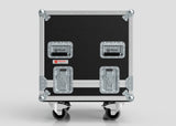 A 12U Standard Rack Sleeve With Case features a black and silver design, metal latches, reinforced corners, caster wheels, lift-off lid, and two Nomad labels on the front.