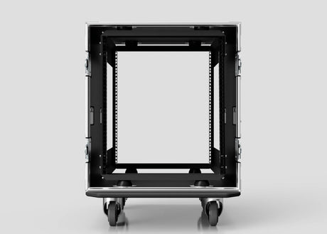 Front view of a 12U Suspended Shock Mounted Rack Case, empty and metal, featuring anti-vibration mounts and four caster wheels, set against a plain background.