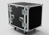 The 12U Suspended Shock Mounted Rack Case is a large black and silver birch plywood flight case with metal reinforcements, handles, latches, four caster wheels, and anti-vibration mounts for enhanced protection during transport.