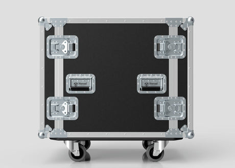The 12U Suspended Shock Mounted Rack Case is a black and silver birch plywood equipment case with metal corner protectors, four latches, and wheels, displayed against a plain light background.