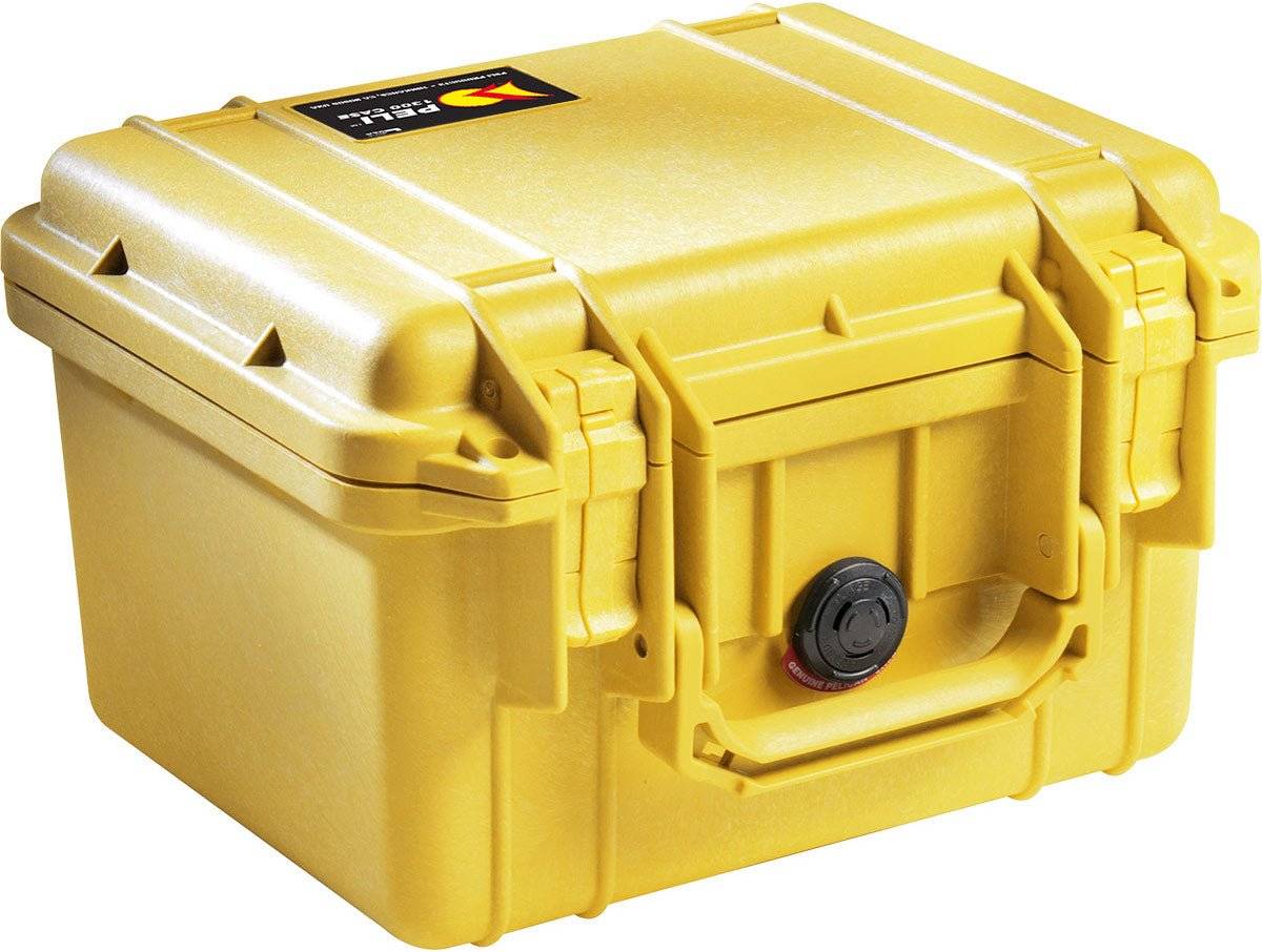 The yellow 1300 Protector Case features a hard shell with handle, secure latch closures, and a front pressure release valve. This crushproof, watertight case keeps your valuables safe in any situation.