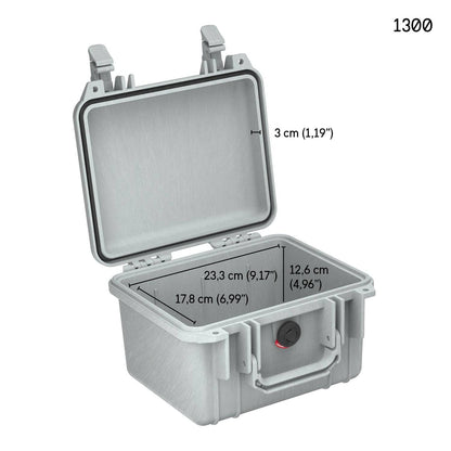 Open hard plastic 1300 Protector Case with inner dimensions of 23.3 x 17.8 x 12.6 cm and a 3 cm lid depth; model number shown on the top right of this durable, crushproof case.