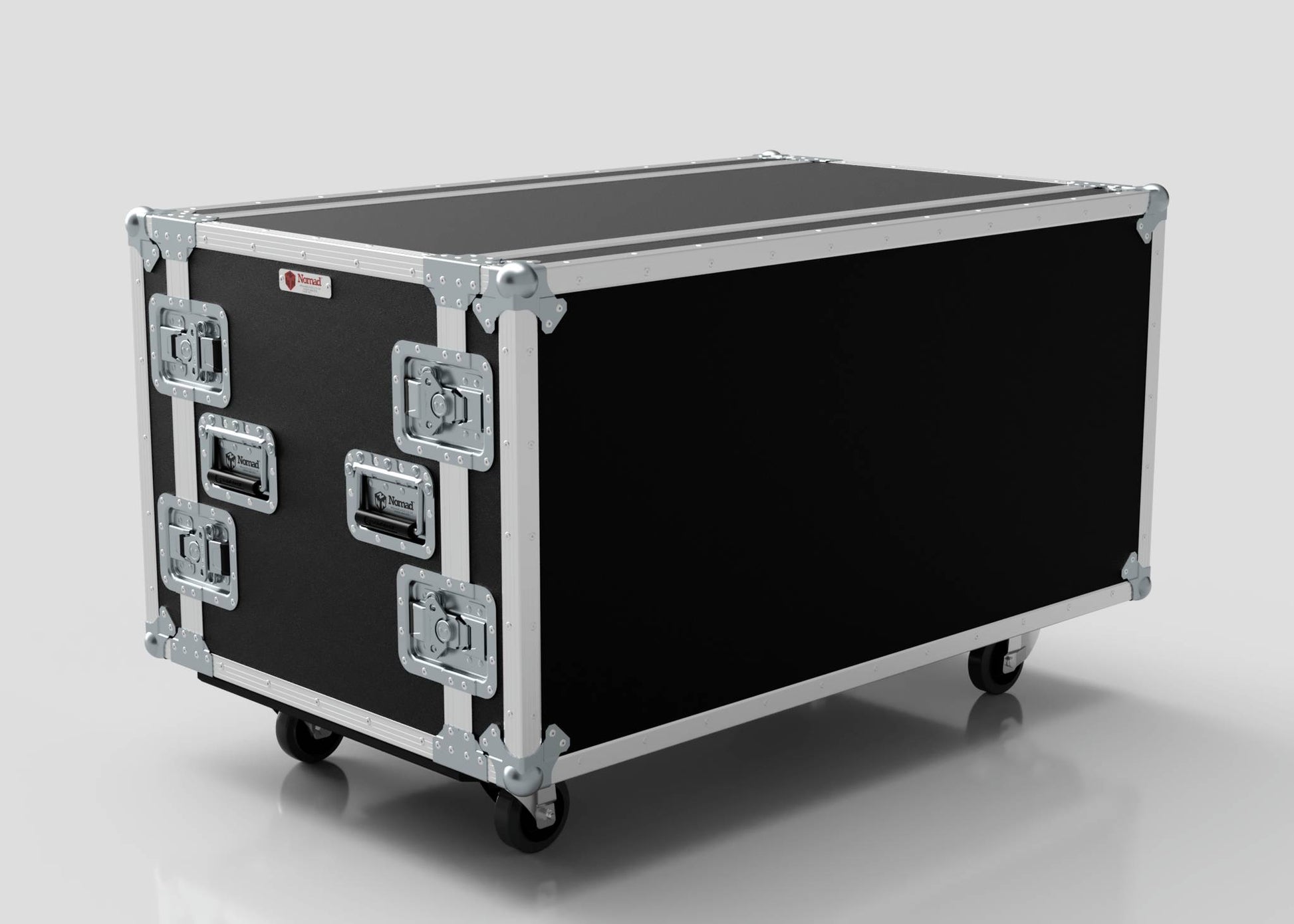 A 13U Double Bay Rack Case in black, featuring metal reinforcements, secure latches, and four caster wheels, displayed on a plain background.