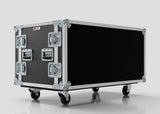 The 13U Double Bay Rack Case is a large black and silver flight case with metal reinforced corners, handles, and four caster wheels, shown against a plain light background.