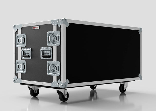 The 13U Double Bay Rack Case is a large black and silver flight case with metal reinforced corners, handles, and four caster wheels, shown against a plain light background.