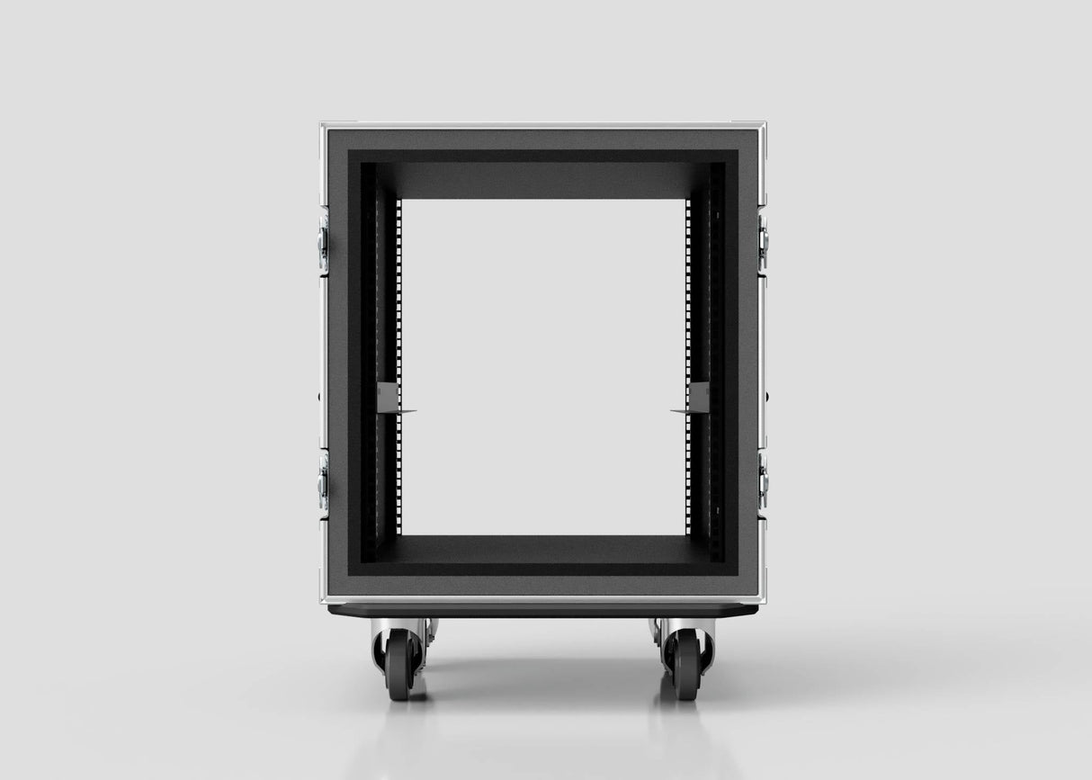 A front view of an empty 13U Foam Shock Mounted 19" Rack Case on wheels, designed for equipment security, shown against a plain gray background.