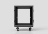 A front view of an empty 13U Foam Shock Mounted 19" Rack Case on wheels, designed for equipment security, shown against a plain gray background.