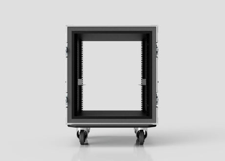A front view of an empty 13U Foam Shock Mounted 19" Rack Case on wheels, designed for equipment security, shown against a plain gray background.