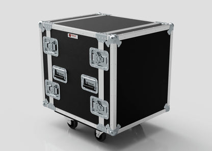 A 13U Foam Shock Mounted 19" Rack Case, featuring European birch plywood, metal-reinforced edges, dual handles, heavy-duty latches, and caster wheels for secure equipment transport, is shown against a plain background.