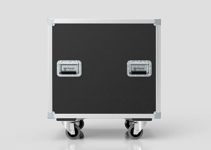 The 13U Shock Mount Slam Rack Case, featuring a black finish with metal edges, two recessed handles, and four caster wheels, is displayed against a plain gray background.