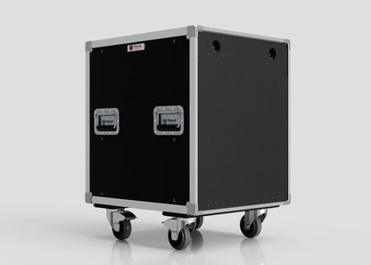 A 13U Slam Rack Case in black with a rectangular shape, metal edges, two recessed handles, and four caster wheels is shown on a plain, light background.