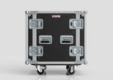 The 13U Standard Rack Case, featuring a black and silver finish, metal reinforcements, four latches, and wheels, is displayed against a plain light gray background.