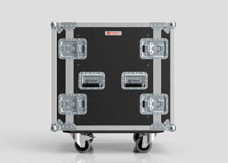 The 13U Standard Rack Case, featuring a black and silver finish, metal reinforcements, four latches, and wheels, is displayed against a plain light gray background.