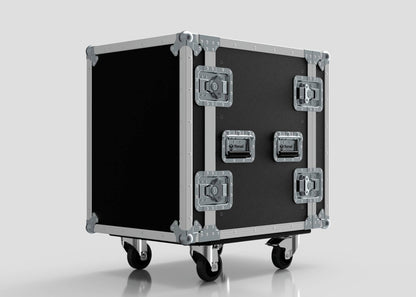 The 13U Standard Rack Case, featuring a black finish, metal edges, handles, and latches, is shown on four caster wheels against a plain light background—perfect for secure equipment transport.